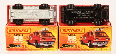 Lot 63 - Matchbox Superfast 2 x 22c Blaze Buster Fire Engine - RARE NOT RECOMMENDED BOX TEXT