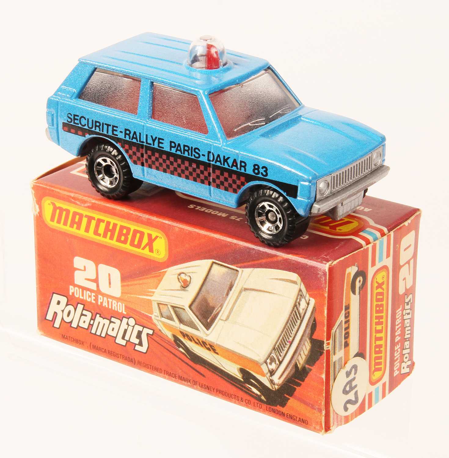 Lot 50 - Matchbox Superfast 20b Range Rover Police Patrol MADE IN HUNGARY PEARL BLUE + BLACK & MAROON TAMPO PRINT