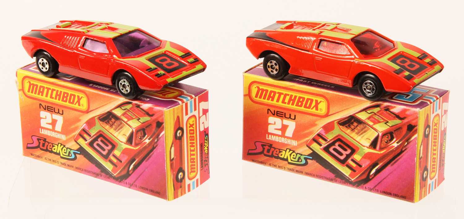 Lot 85 - Matchbox Superfast 2 x 27b Lamborghini Countach Streakers Issue RARE RED & PURPLE WINDOWS