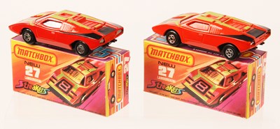 Lot 85 - Matchbox Superfast 2 x 27b Lamborghini Countach Streakers Issue RARE RED & PURPLE WINDOWS