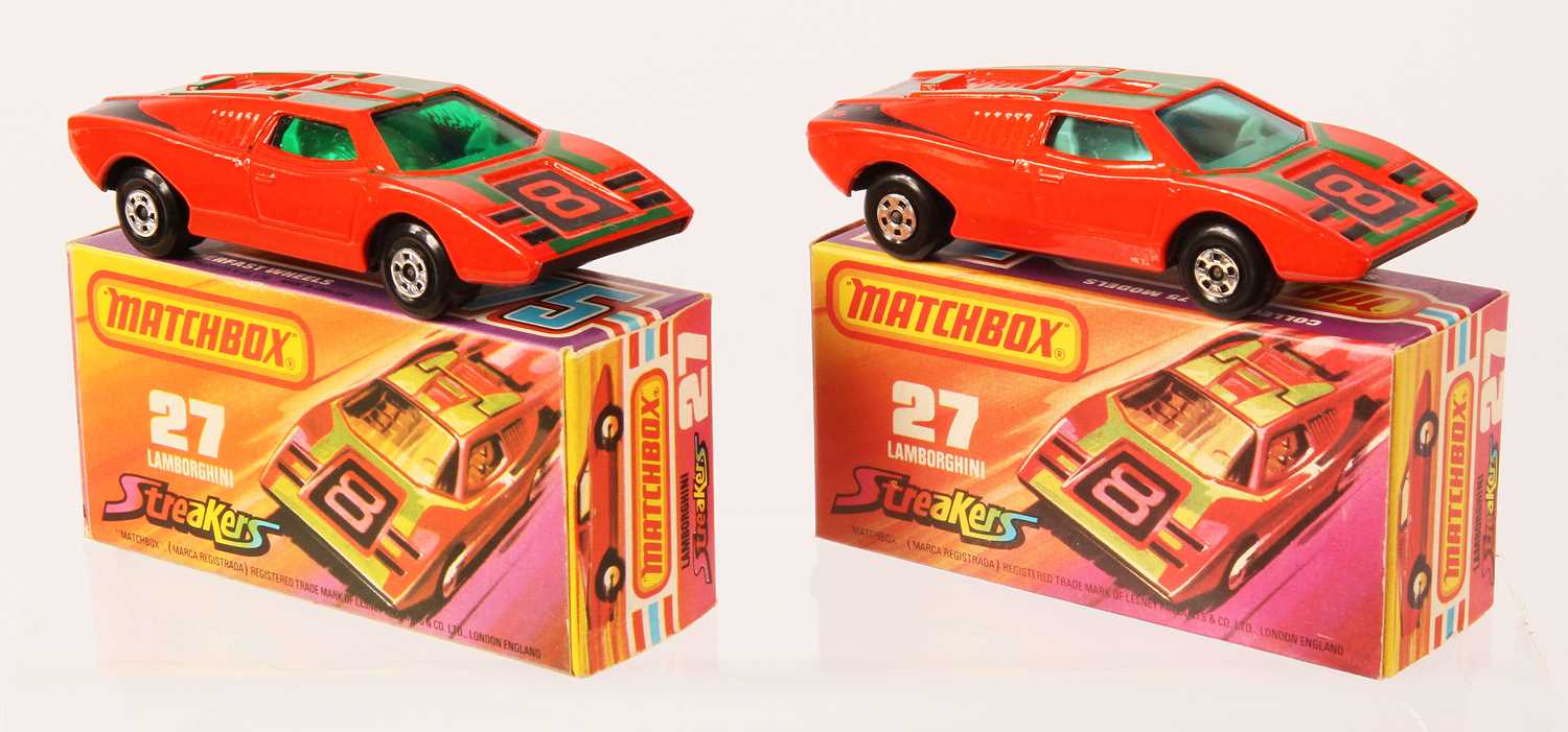Lot 95 - Matchbox Superfast 2 x 27b Lamborghini Countach Streakers Issue DARK GREEN TAMPO PRINT + WINDOW VARIATIONS