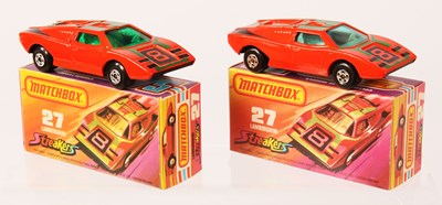 Lot 95 - Matchbox Superfast 2 x 27b Lamborghini Countach Streakers Issue DARK GREEN TAMPO PRINT + WINDOW VARIATIONS