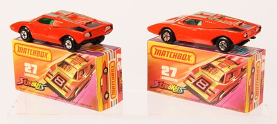 Lot 95 - Matchbox Superfast 2 x 27b Lamborghini Countach Streakers Issue DARK GREEN TAMPO PRINT + WINDOW VARIATIONS