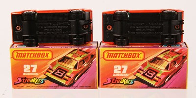 Lot 95 - Matchbox Superfast 2 x 27b Lamborghini Countach Streakers Issue DARK GREEN TAMPO PRINT + WINDOW VARIATIONS