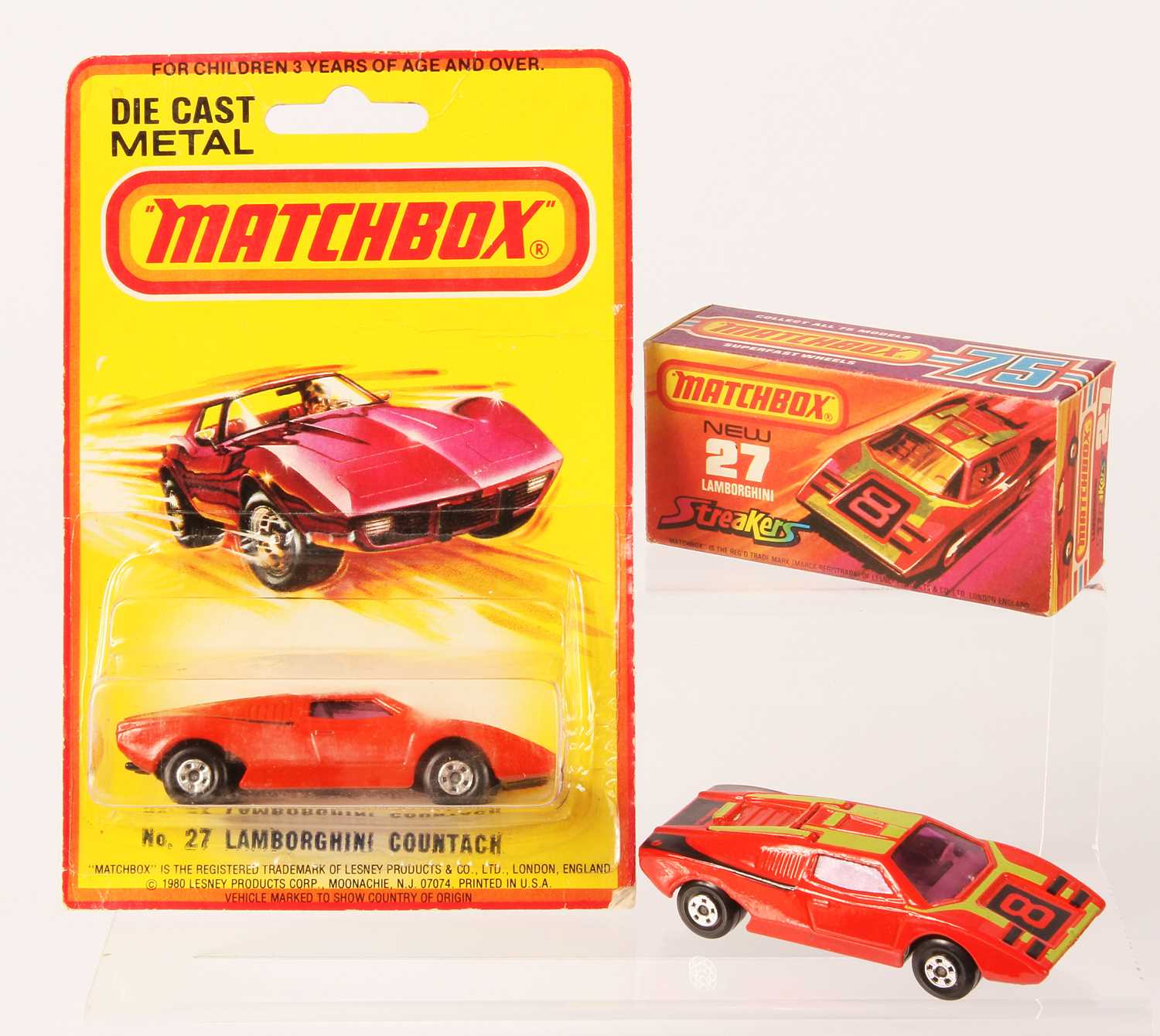 Lot 96 - Matchbox Superfast 2 x 27b Lamborghini Countach Streakers Issue WITH PURPLE WINDOWS