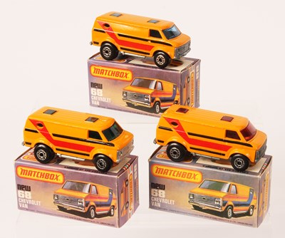 Lot 211 - Matchbox Superfast 3 x 68c Chevrolet Van - DARK GREEN + RED + LIGHT BLUE WINDOWS