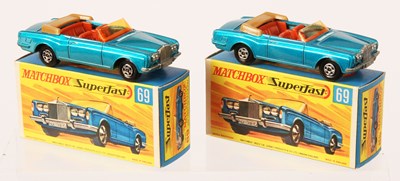 Lot 220 - Matchbox Superfast 2 x 69a Rolls Royce Silver Shadow Convertible PRIMROSE YELLOW + PALE YELLOW BASES
