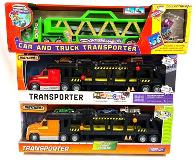 Lot 199 - Matchbox Superfast - Group of 3x Large Scale Plastic Car Transporters + Vehicles