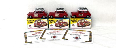 Lot 117 - Hornby - Corgi Toys Group of Re-Issue Cars. Comprising 3x 339 B.M.C. Mini Copper S #177