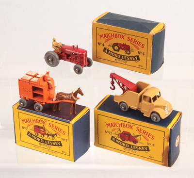 Lot 15 - Matchbox Regular Wheels 4b Massey Harris Tractor + 13b Bedford Wreck Truck + 7a Milk Float with GPW