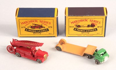 Lot 38 - Matchbox Regular Wheels 9a Dennis Fire Escape + 27a Bedford Articulated Low Loader