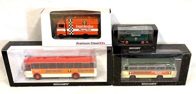 Lot 316 - Minichamps & Premium ClassiXXs Die-cast Jagermeister Buses, Van and Truck x 4 MIB