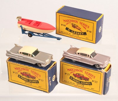 Lot 115 - Matchbox Regular Wheels 2 x 27c Cadillac Sixty Special + 48b Sports Boat & Trailer