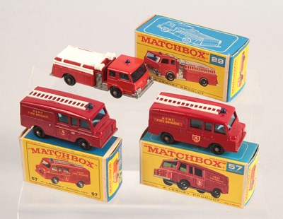 Lot 123 - Matchbox Regular Wheels Group of 3 x Fire Trucks: 29c Fire Pumper 2 x 57c Land Rover