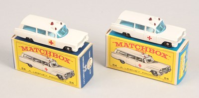 Lot 237 - Matchbox Regular Wheels 2 x 54b Cadillac Ambulance Stannard Code 1 & Code 3