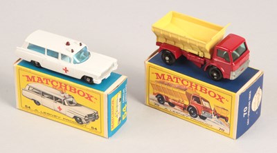 Lot 306 - Matchbox Regular Wheels Pair of Factory Errors 54b Cadillac Ambulance & 70b Ford Grit Spreader Truck