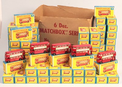 Lot 323 - Matchbox Regular Wheels 5d London Routemaster Bus Factory Trade Box Containing 69 x Examples in RARE F2 BOXES