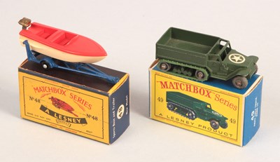 Lot 330 - Matchbox Regular Wheels 48b Sports Boat & Trailer + 49a US Army Half Track