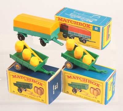 Lot 338 - Matchbox Regular Wheels 2 x 51b Farm Tipping Trailer + 2d Mercedes LP Covered Trailer