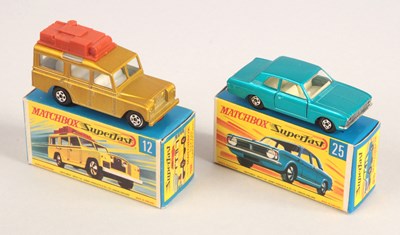 Lot 382 - Matchbox Superfast 12a Land Rover Safari + 25a Ford Cortina WITH FACTORY ERROR REVERSE FRONT WHEEL
