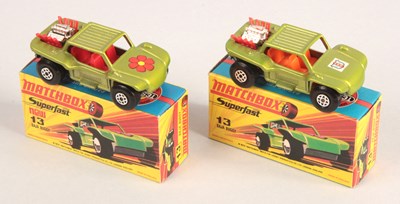 Lot 386 - Matchbox Superfast 2 x 13b Baja Buggy RED INTERIOR & SHIELD HOOD LABEL VARIATIONS