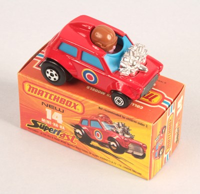 Lot 388 - Matchbox Superfast 14b Mini Ha-Ha Dragster PURPLE DRIVER + NOT RECOMMENDED BOX TEXT