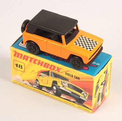 Lot 398 - Matchbox Superfast 18a Field Car Twin Pack Issue - Orange Body With RARE BLACK WHEELS and Chequered Flag Hood Label