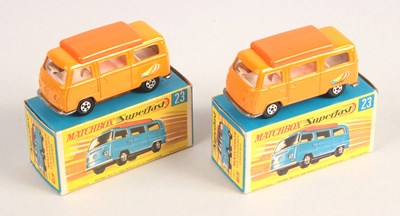 Lot 409 - Matchbox Superfast 2 x 23a Volkswagen Camper Van BRIGHT & DULL ORANGE BODY VARIATIONS