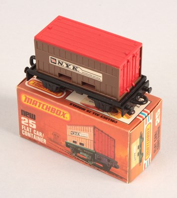 Lot 410 - Matchbox Superfast 25c Railway Flat Car & Container - RARE CHOCOLATE BROWN "N.Y.K." CONTAINER