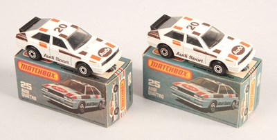 Lot 411 - Matchbox Superfast 2 x 25d Audi Quattro MATT & GLOSS BLACK BASES WITH BOX PRINT VARIATIONS