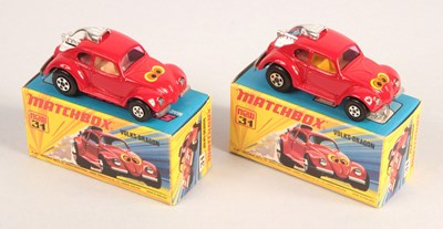 Lot 425 - Matchbox Superfast 2 x 31b Volks-Dragon VW Beetle Dragster PALE YELLOW & LEMON YELLOW INTERIORS