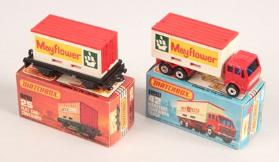 Lot 446 - Matchbox Superfast 42c Mercedes Container Truck & 25c Flat Car With "Mayflower" Containers