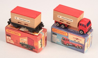 Lot 448 - Matchbox Superfast 42c Mercedes Truck & 25c Flat Car With Tan "United States Lines" Containers