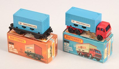 Lot 449 - Matchbox Superfast 42c Mercedes Truck & 25c Flat Car With BLUE "United States Lines" Containers