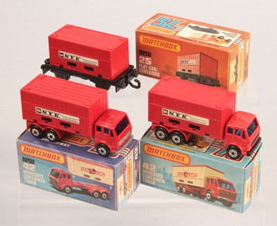 Lot 452 - Matchbox Superfast 2 x 42c Mercedes Truck & 25c Flat Car With RED "N.Y.K." Containers