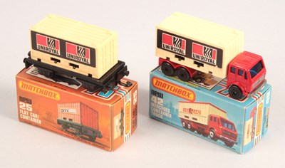 Lot 453 - Matchbox Superfast Pair 42c Mercedes Truck & 25c Flat Car With Cream "Uniroyal" Containers