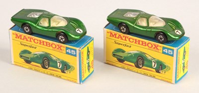 Lot 455 - Matchbox Superfast 2 x 45a Ford Group 6 LIGHT & DARK SHADE BODY WITH IVORY & CREAM INTERIORS