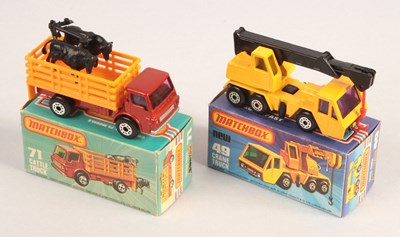 Lot 461 - Matchbox Superfast 49c Crane Truck & 71c Dodge Cattle Truck BOTH WITH RARE PURPLE WINDOWS
