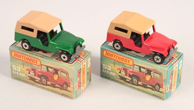 Lot 472 - Matchbox Superfast 2 x 53c Jeep CJ-6 RED & METALLIC EMERALD GREEN BOTH WITH RARE BLACK INTERIOR