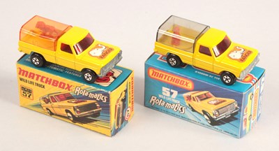 Lot 477 - Matchbox Superfast 2 x 57b Ford Wild Life Truck WITH CANOPY, LABEL PRINT & BOX VARIATIONS