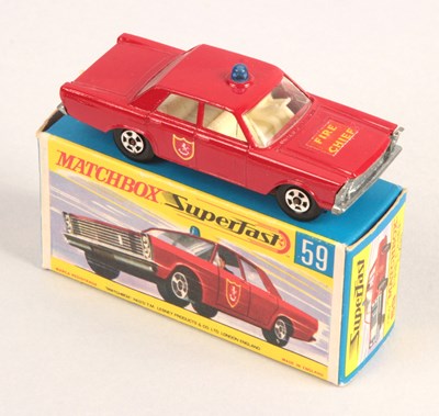 Lot 479 - Matchbox Superfast 59a Ford Galaxie Fire Chief Car FACTORY ERROR LABELS APPLIED TO REAR DOORS