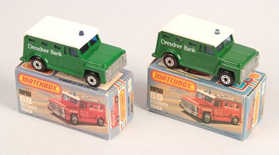 Lot 503 - Matchbox Superfast 2 x 69c Armoured Security Truck German Export "Dresdner Bank" LIGHT & DARK BLUE WINDOWS