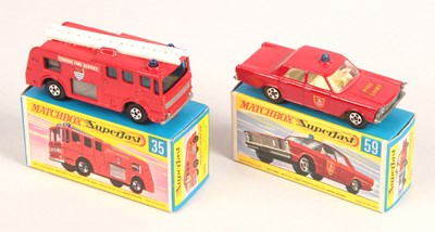 Lot 513 - Matchbox Superfast 35a Merryweather Marquis Fire Engine + 59a Ford Galaxie Fire Chief