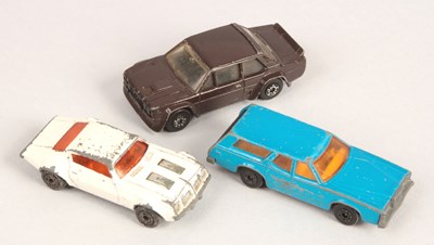 Lot 529 - Matchbox Superfast 4c Pontiac Firebird + 73c Cougar Villager + 74d Fiat Abarth Factory Pre-Production Colour Trial